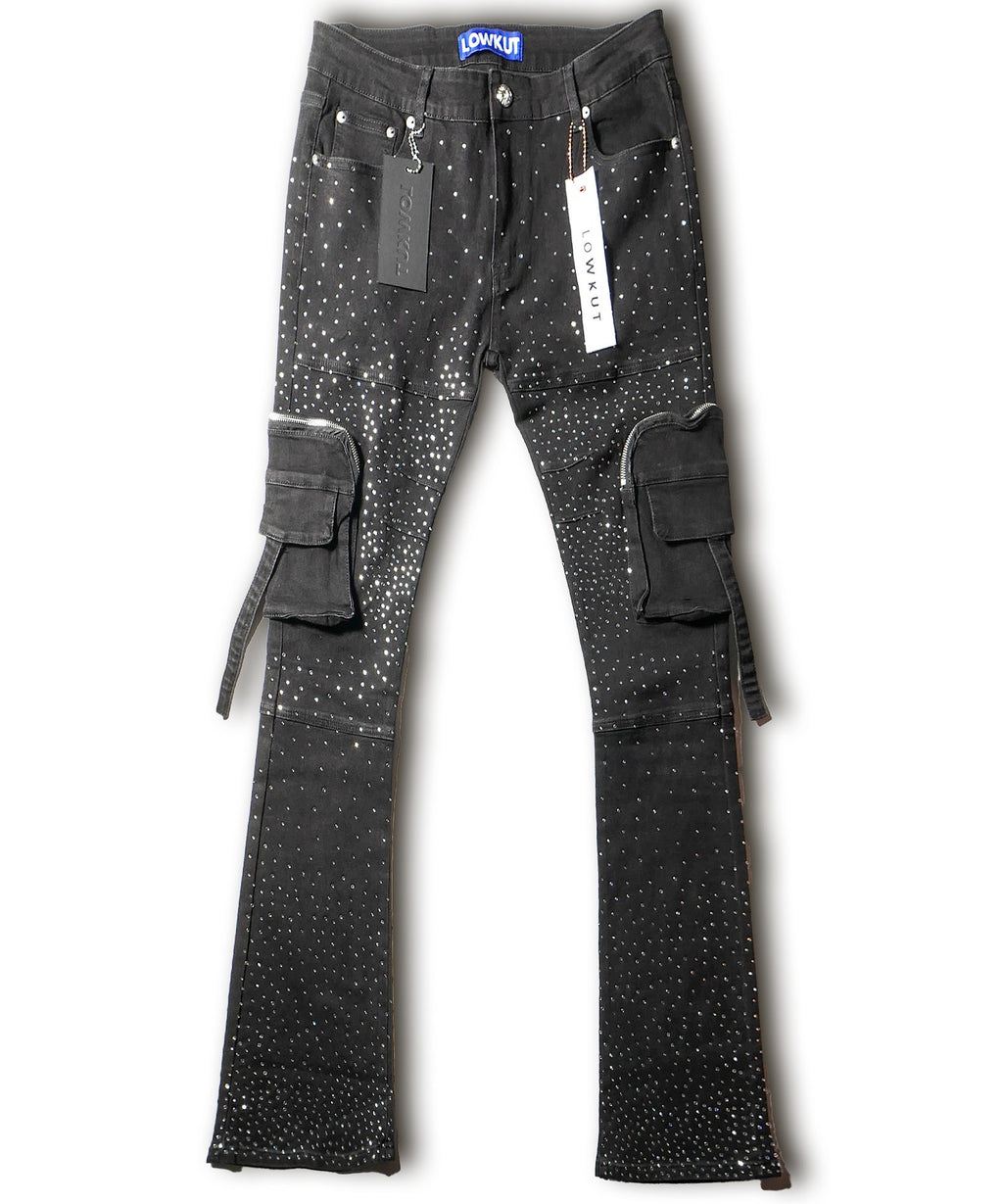 Zip Pockets Crystal Jeans Black