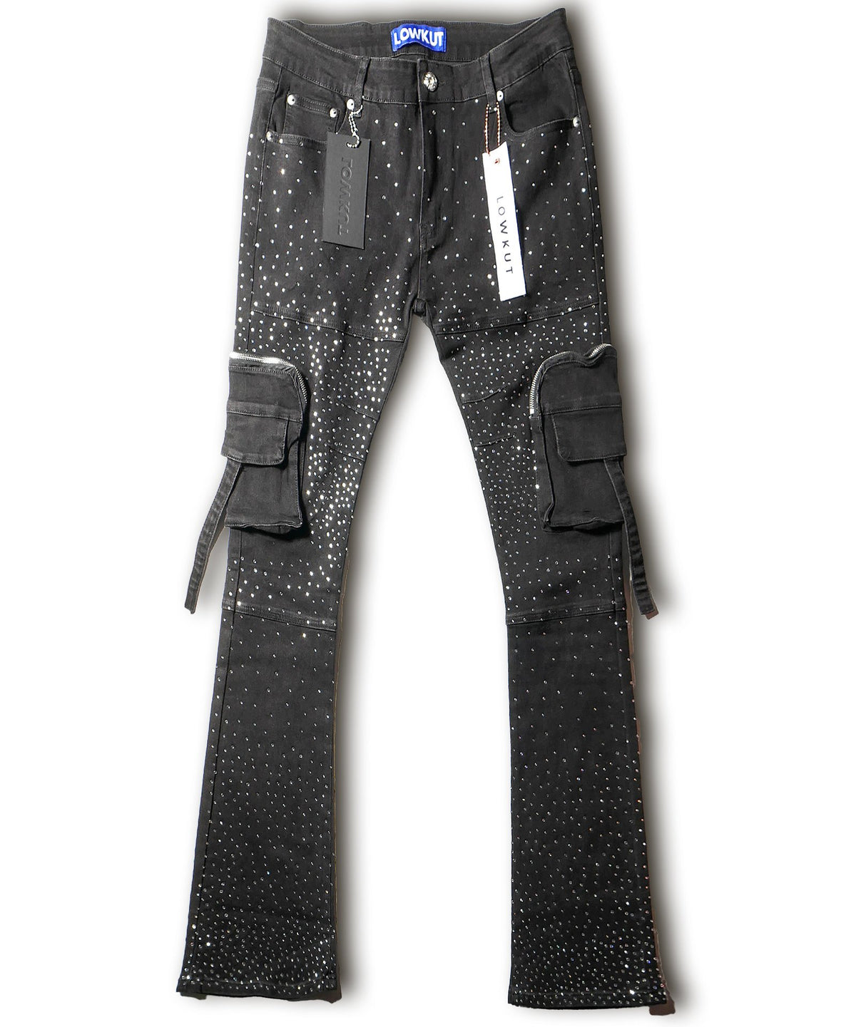 Zip Pockets Crystal Jeans Black
