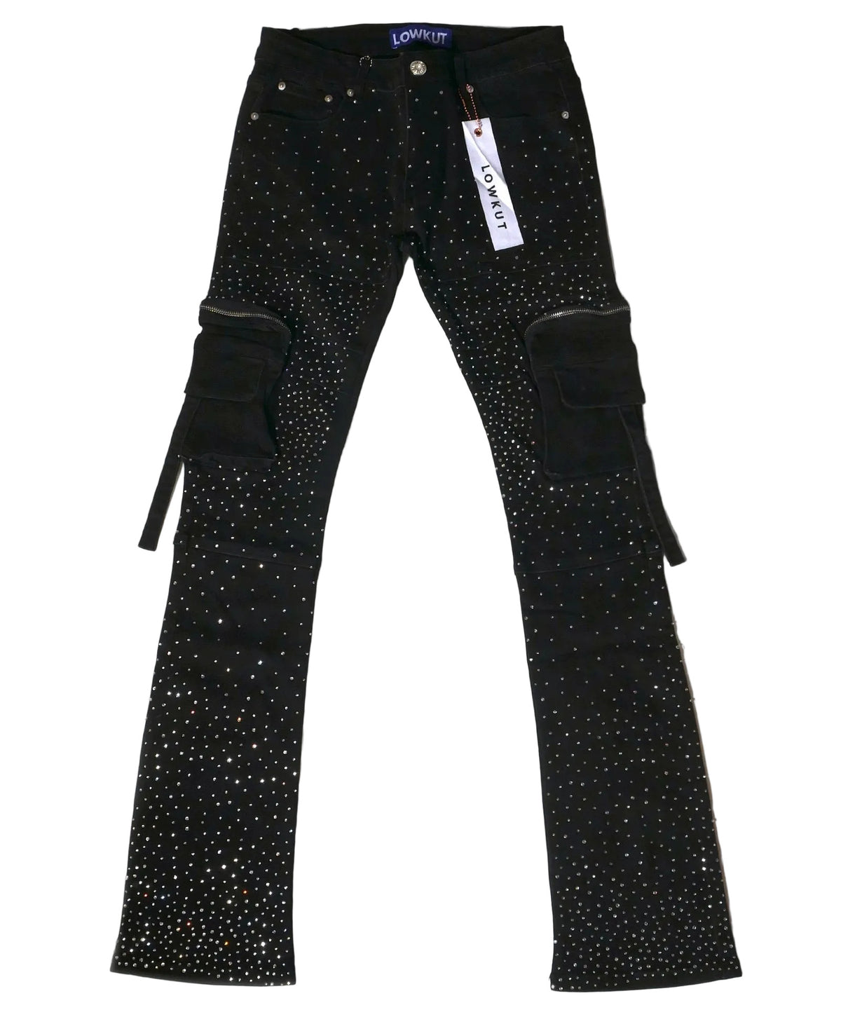 Zip Pockets Crystal Jeans Black
