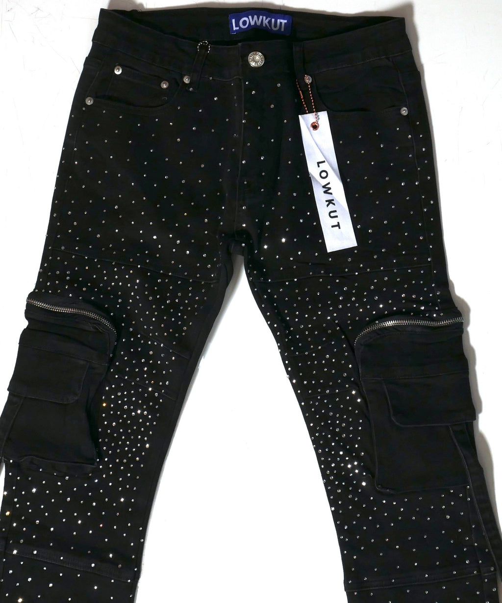 Zip Pockets Crystal Jeans Black