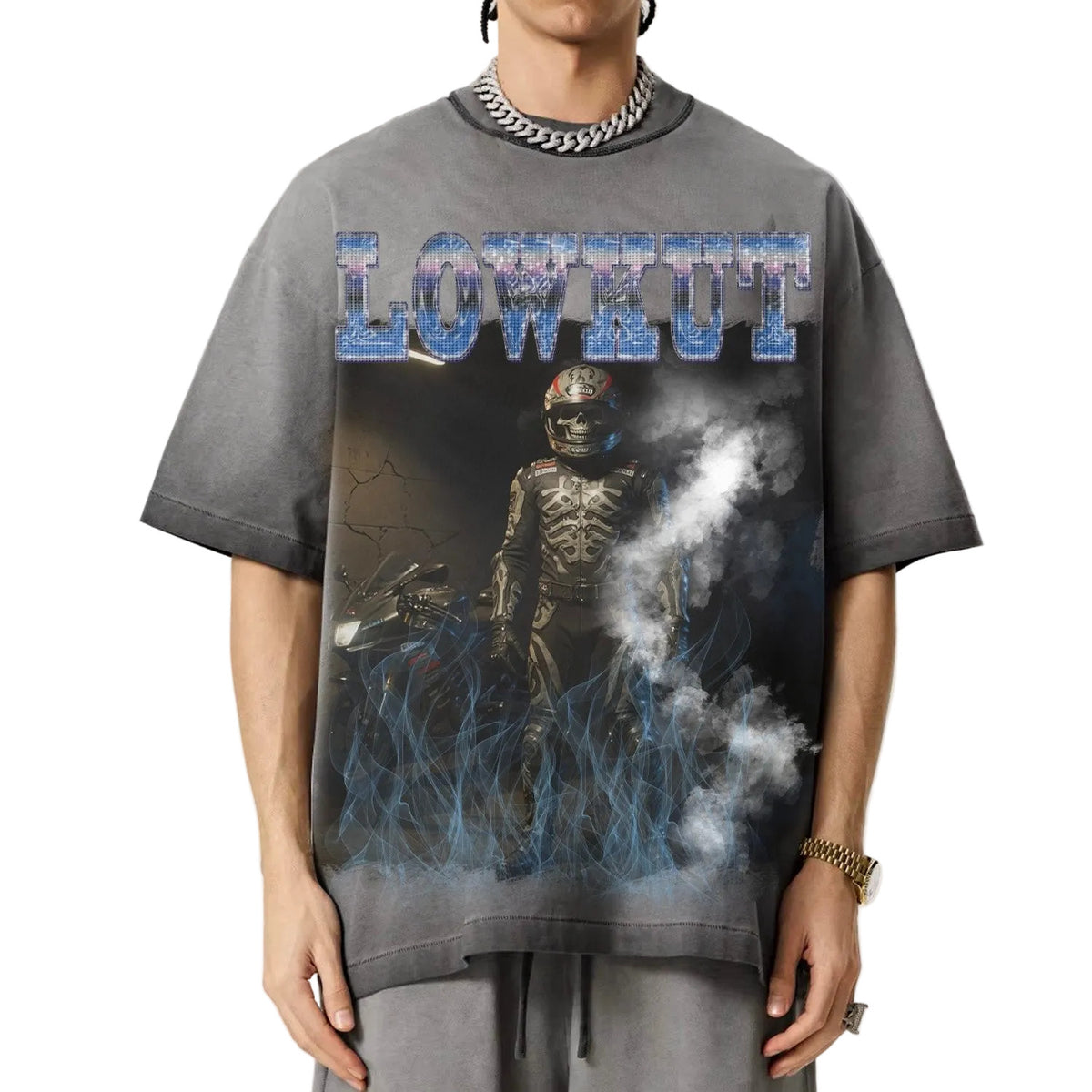 Biker Crystal Tee Charcoal Wash