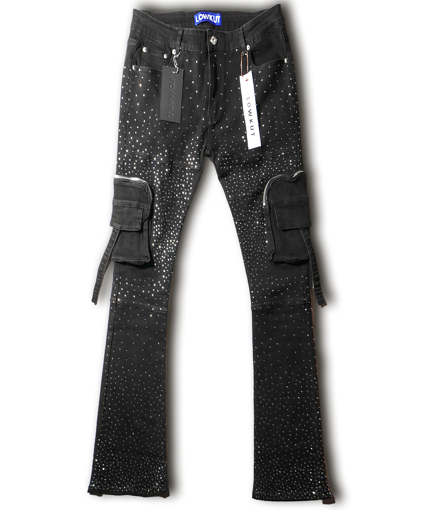 Zip Pockets Crystal Jeans Black